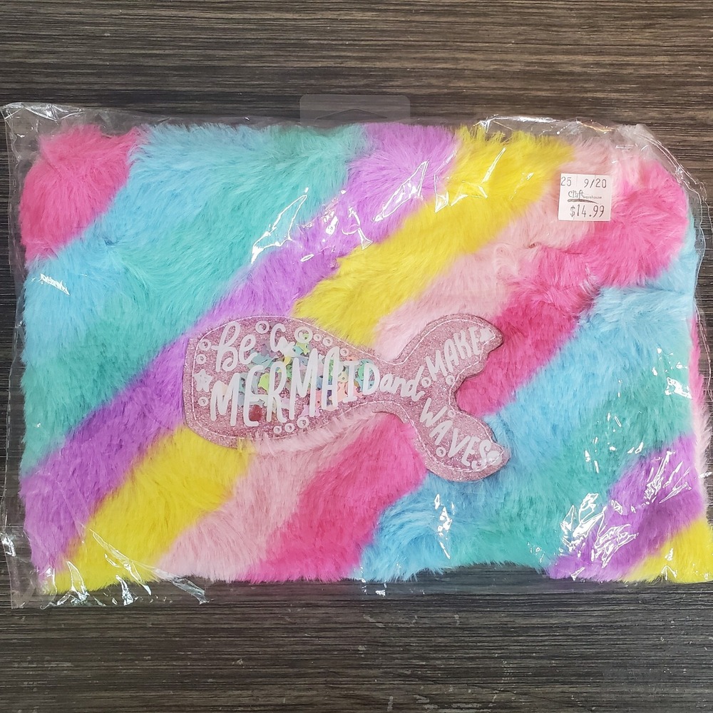 Pastel Rainbow Faux Fur Mermaid Tail Zipper Pouch 9"x6" - NEW